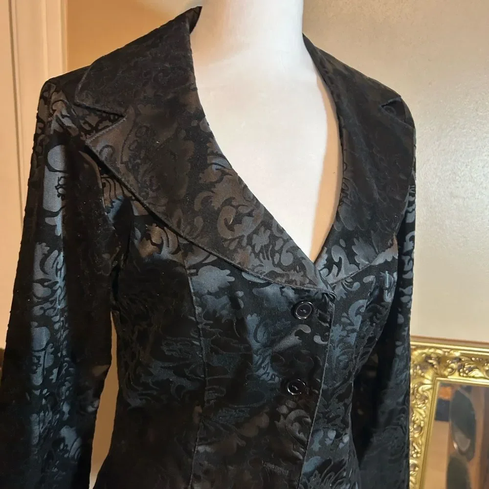 Vintage Wrapper Black Velvet Satin Brocade Floral Patterned Jacket